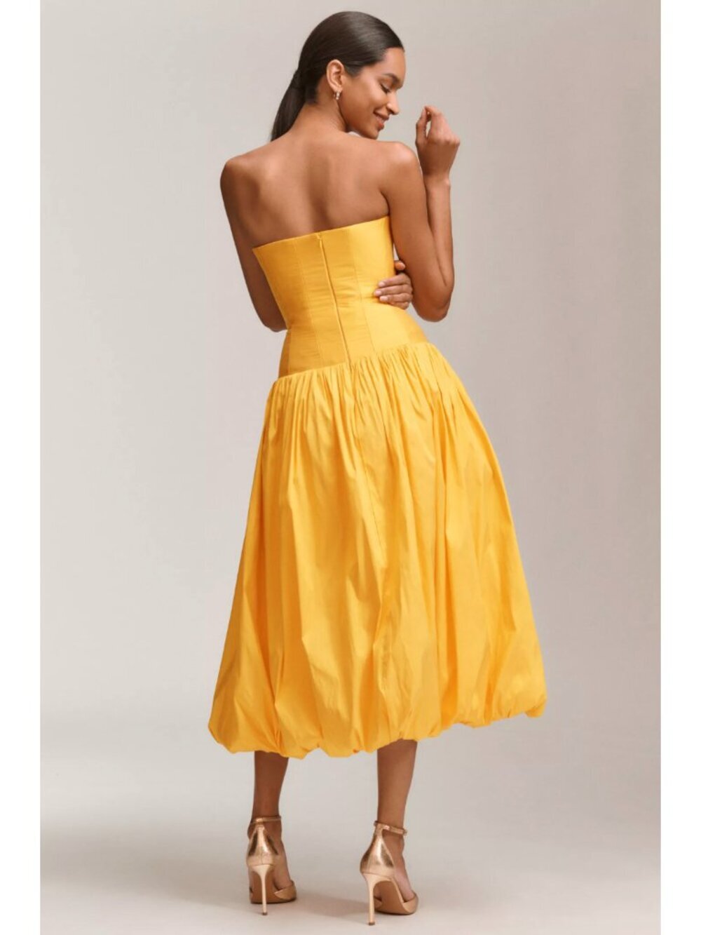 NWT BHLDN Anthropologie Butter Yellow Strapless Drop Waist Bubble Midi Dress - Picture 2 of 8